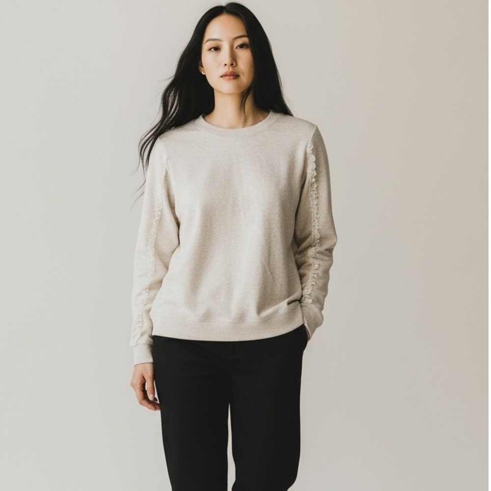 Maison Jules Sweatshirt Heather Oatmeal Ruffle Lace Medium Cozy Loungewear